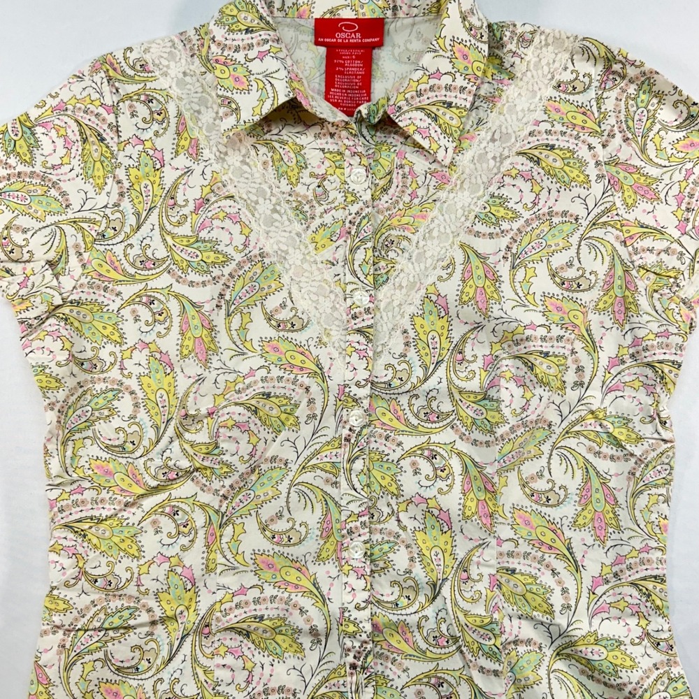 Oscar de la Renta Paisley Lace Trim Button Down Shirt Yellow Pink Womens 6 - Picture 4 of 7